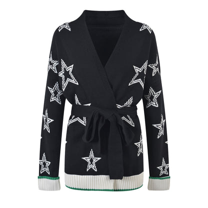 Design Sense Waist-controlled Lace-up Star Printed Knitted Cardigan Sweater
