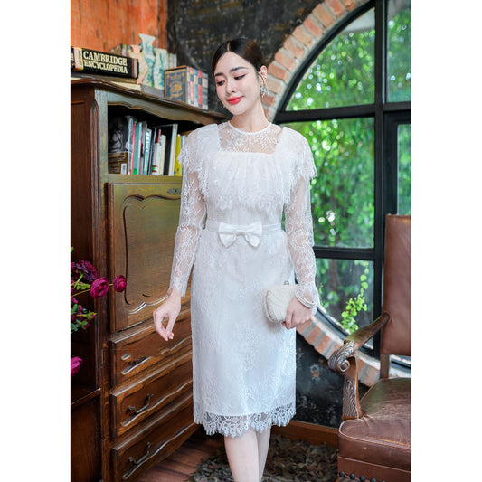 kudapy white Long -sleeved lace dress, soft lace, shoulder-covering