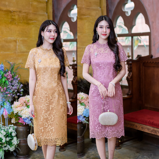 kudapy mini dress in golden yellow/pink, short sleeves, shiny lace fabric, beautiful premium fabric, beautiful fabric pattern on the sleeves and hem of the skirt: