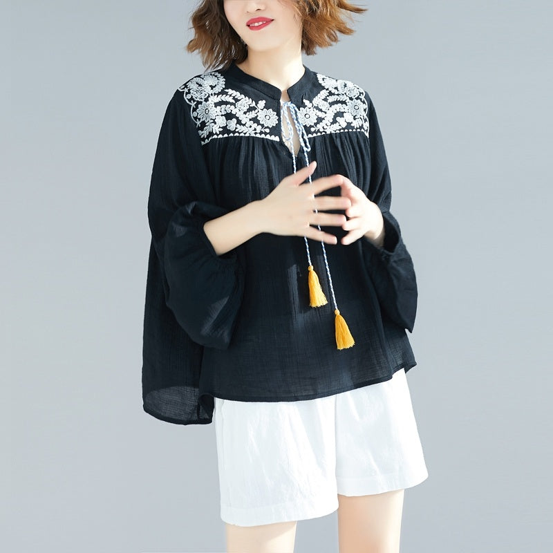 Oversized women's loose shirt with Tassels and embroidery