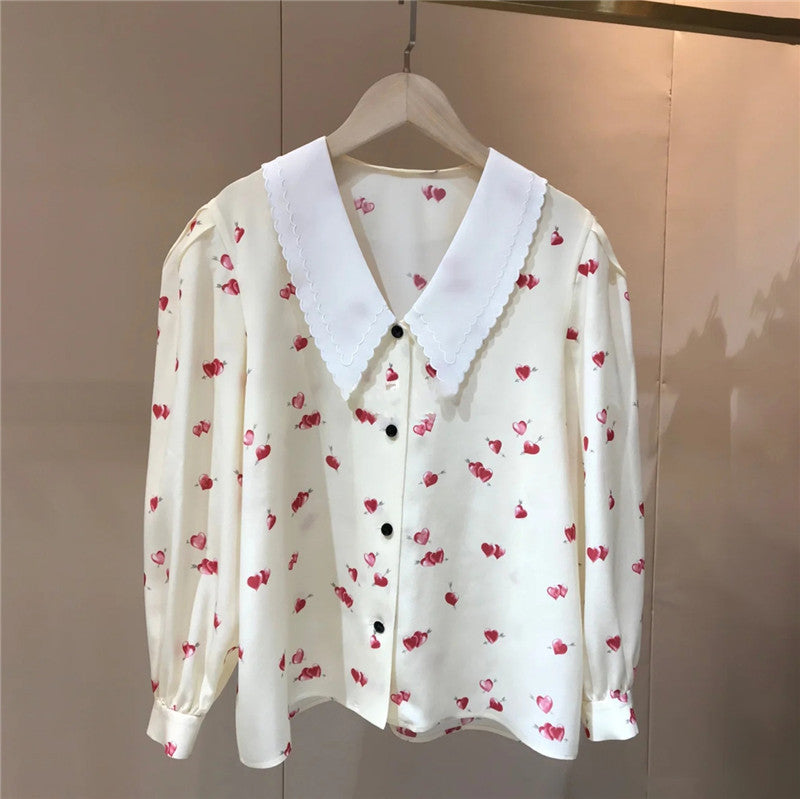 Lapel Embroidered Loose Heart Print Sshirt