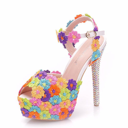 14cm Foreign Trade Fish Mouth High-Heeled Sandals, Fine-Heeled Colorful Lace Wedding Shoes, Bridal Shoes, Colorful Diamond Crystal Sandals