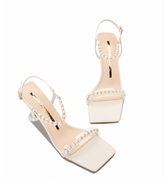 Small Square Toe Mid-heel High Heels With Pearl And Roman Sandals