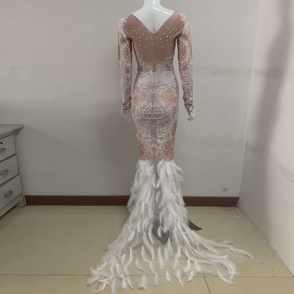 Stage Banquet Evening Feather Beaded Dress Women