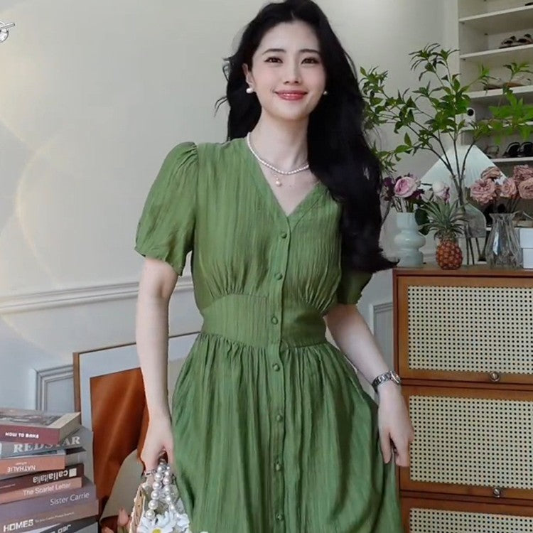 Women's Style Waist Wrapped V-Neck Green Dress
