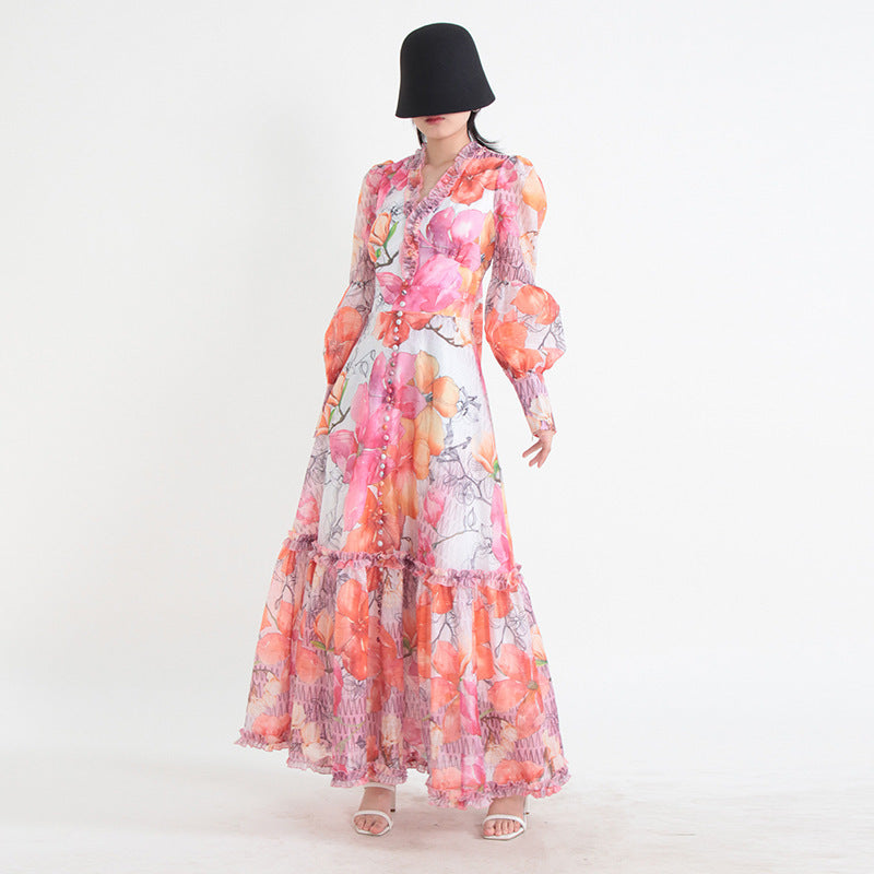 V-neck Ruffled DesignSleeve Waist Long Printed Dress For Women