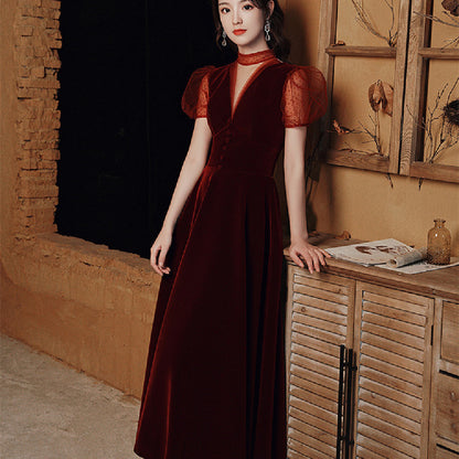 Women's Velvet Wine Red Banquet Dress