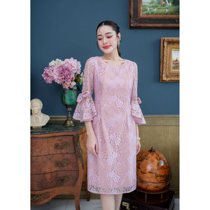 kudapy Mini dress, lace fabric, round neck, five-quarter length sleeves, ruffled sleeves, bow decoration on both sides.