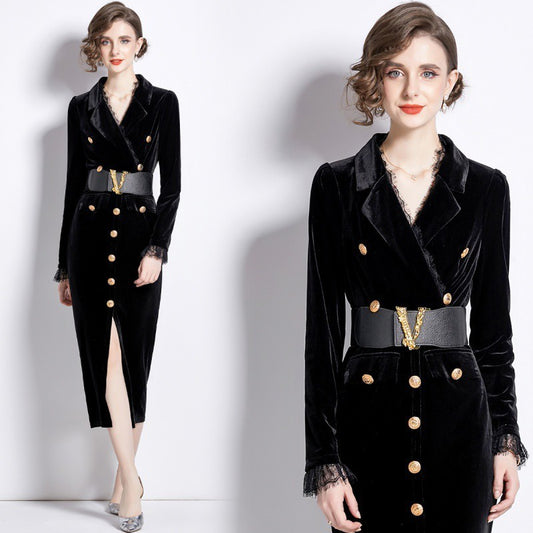 Slim-fit Gold Velvet V-neck Lace Dress Midi With Lining And Belt