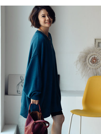 Loose And Lazy Round Neck Mid Length Sweater For Women