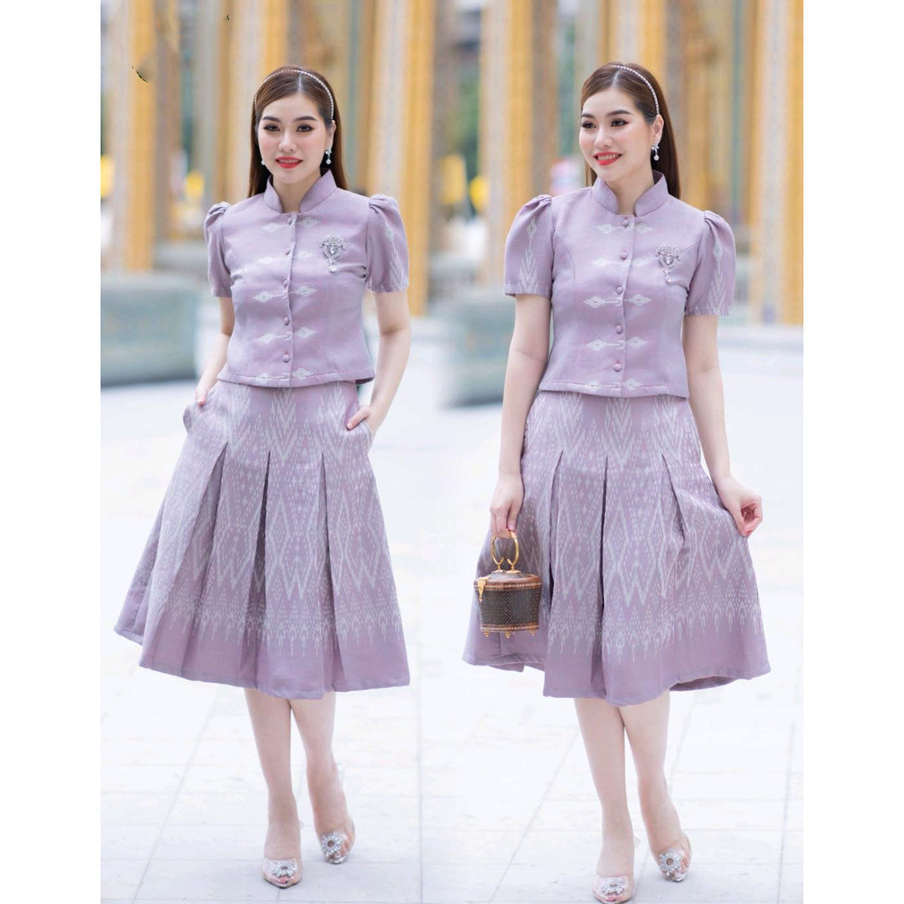 kudapy set top & skirts, shirt with real buttons, pleated skirt, beautiful and suitable for many occasions.