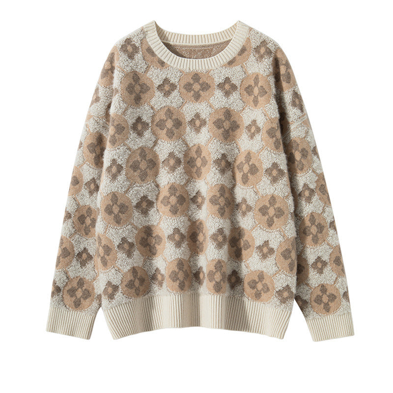 Women's Loose Round Neck Jacquard Double-layer Embroidery Cropped Pullover Sweater Wool