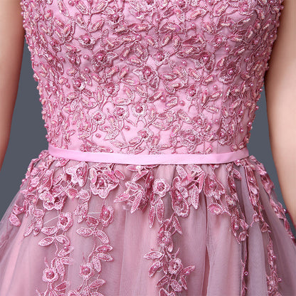 new mid-length pink evening dress banquet double shoulder graduation dress