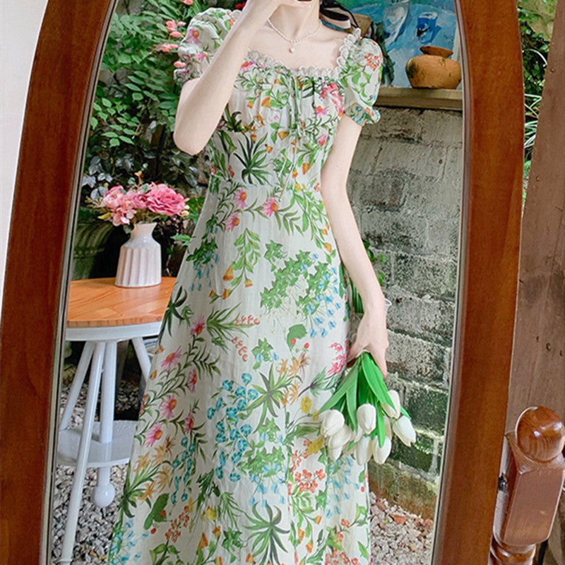 Retro Slim Waist Light Mature Temperament Green Floral Dress Women