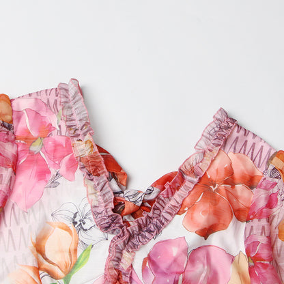 V-neck Ruffled DesignSleeve Waist Long Printed Dress For Women