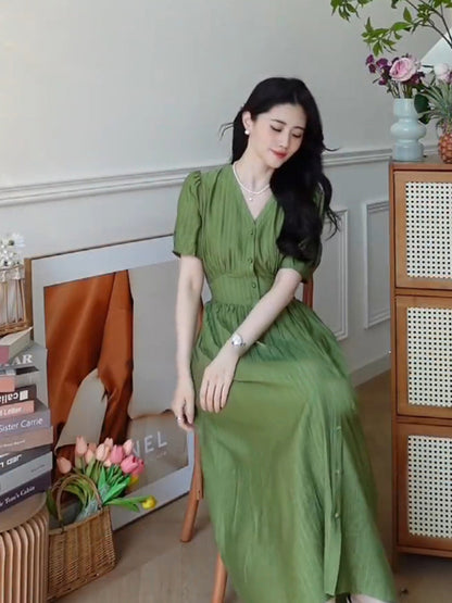 Women's Style Waist Wrapped V-Neck Green Dress