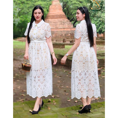 kudapy Premium white lace dress with belt, suitable for any occasion, very beautiful and elegant.