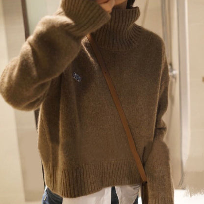 Turtleneck Cropped Outline Brown Full Cashmere Sweater