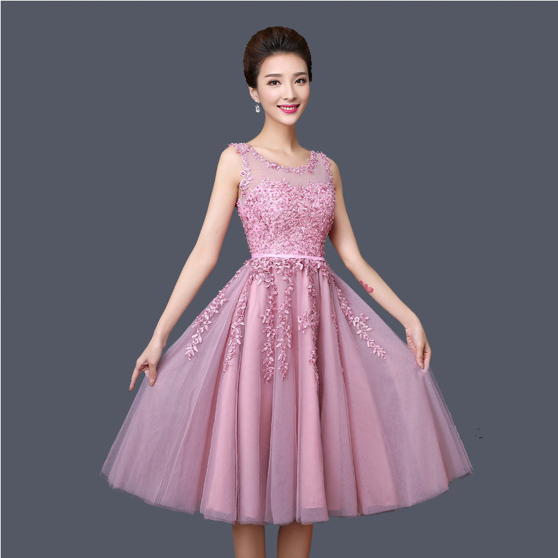 new mid-length pink evening dress banquet double shoulder graduation dress