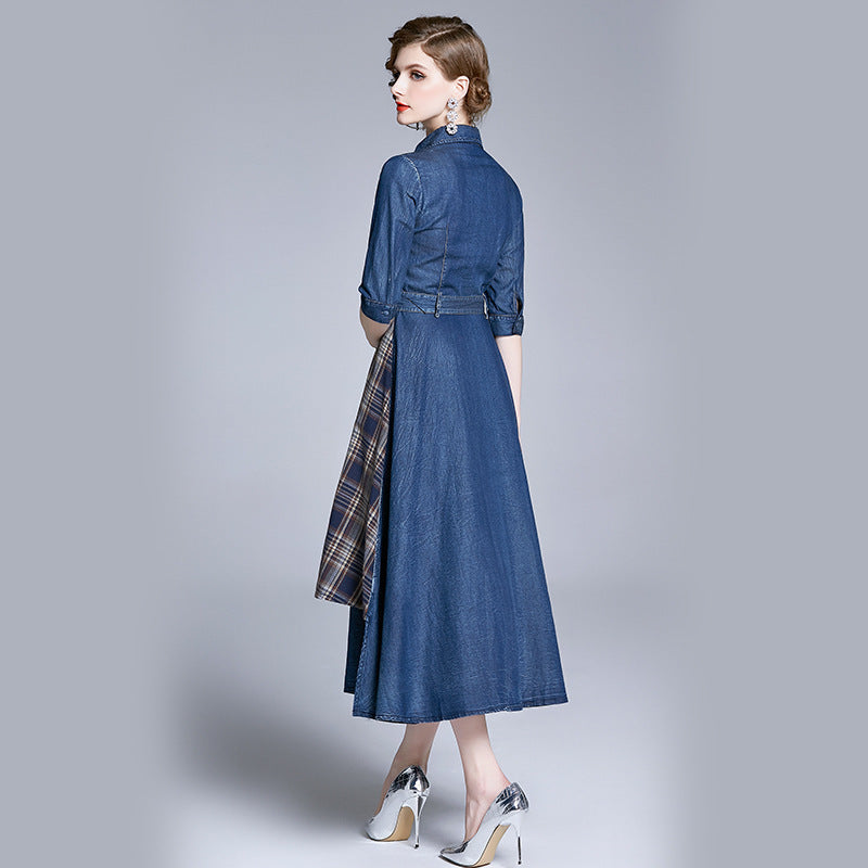 Women's Graceful And Fashionable Irregular Stitching Denim Dress