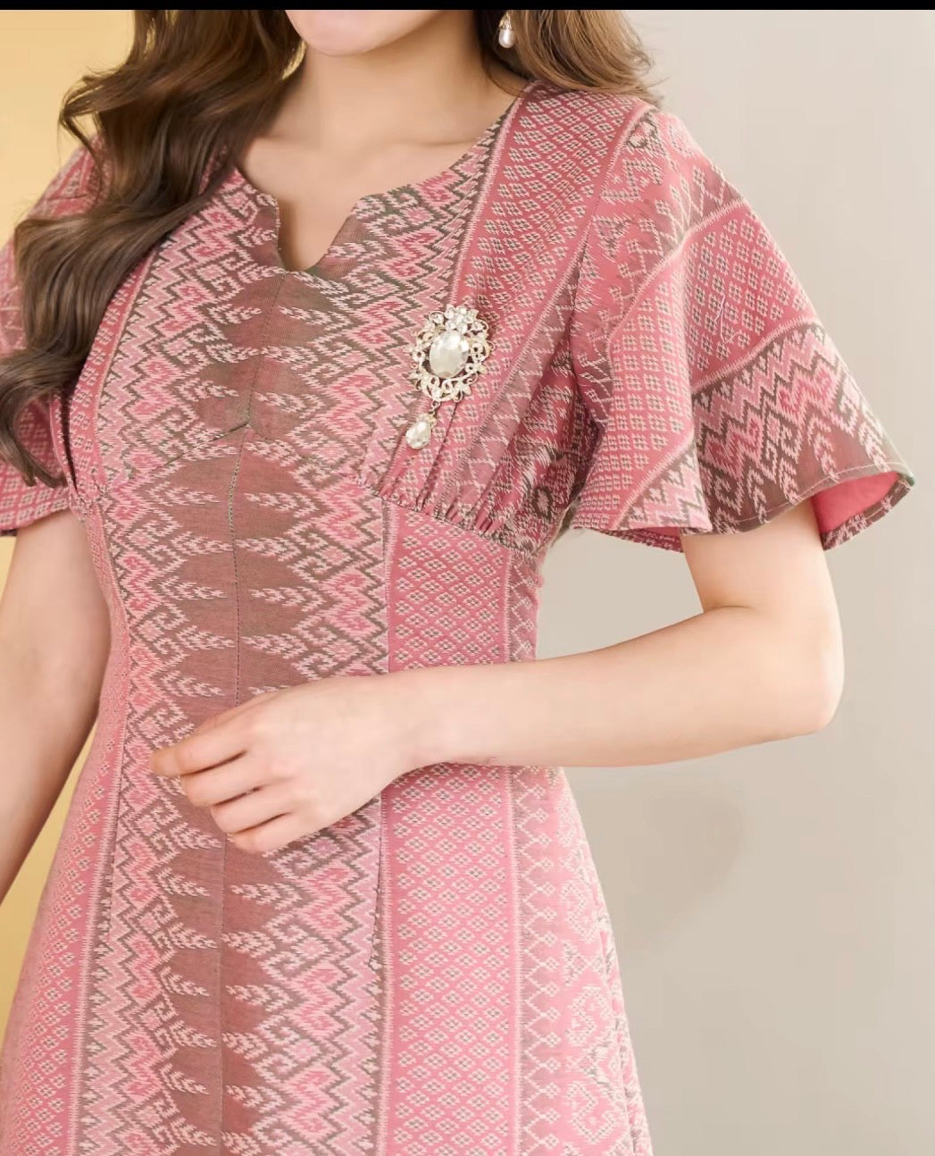 kudapy Light pink Maxi dress, woven cotton fabric with royal pattern, glued all over the dress.