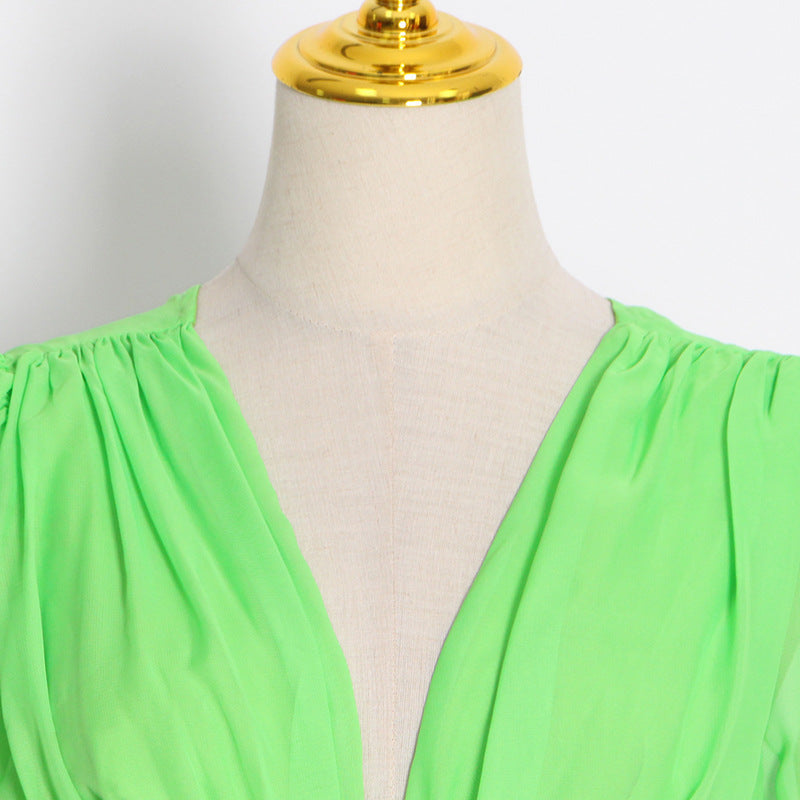 V-neck Long-sleeved Low-waist Lace-up Dress