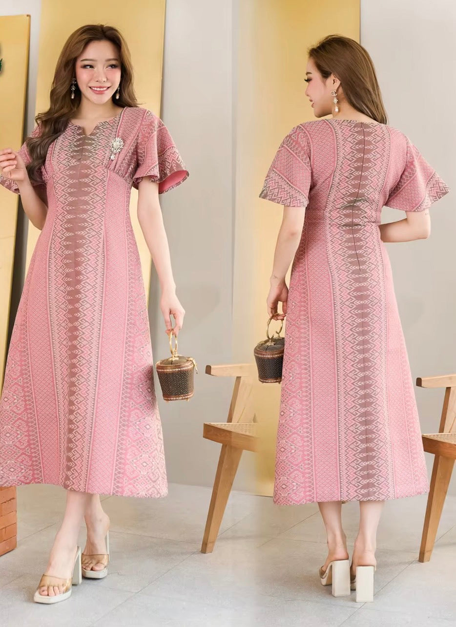 kudapy Light pink Maxi dress, woven cotton fabric with royal pattern, glued all over the dress.