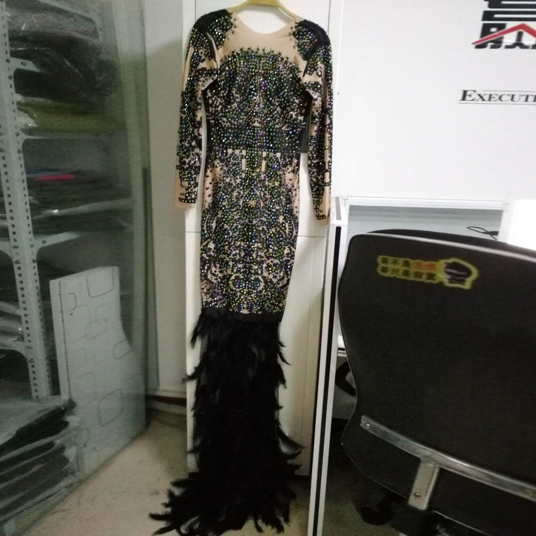 Stage Banquet Evening Feather Beaded Dress Women