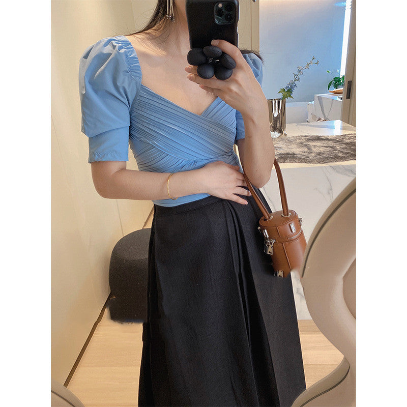 Solid Color New French Style Exposed Collarbone Shirt Top