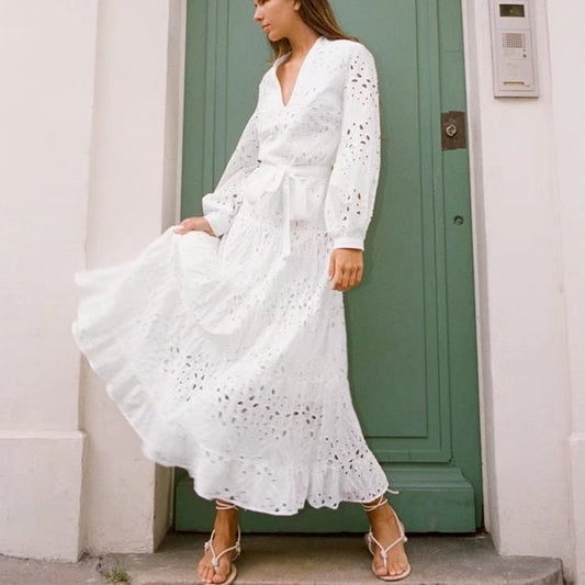 European And American Hollow Embroidered Midi Long Sleeve Dress