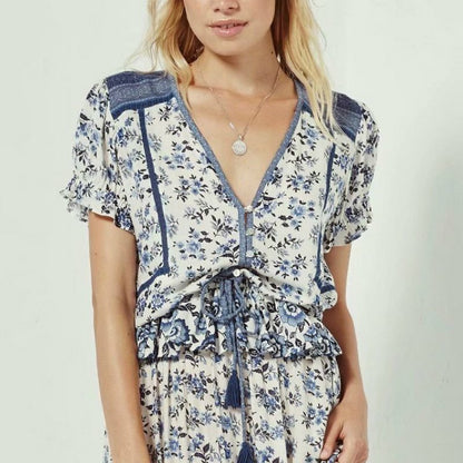 Ethnic print lace-up top
