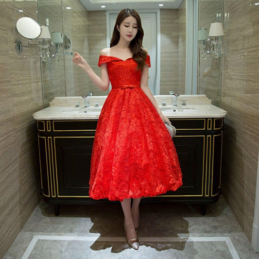 Short shoulder red evening dress