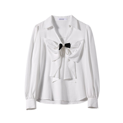 Women's Contrast Bow French Solid Color Shirt