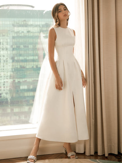 Temperament Slit Elegant Mid-length Big Swing Princess Collar Certificate Little White Dress
