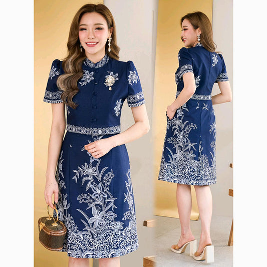 kudapy navy blue set 2 piece Top and Skirt , batik fabric, cotton fabric, printed pattern, soft and comfortable to wear.