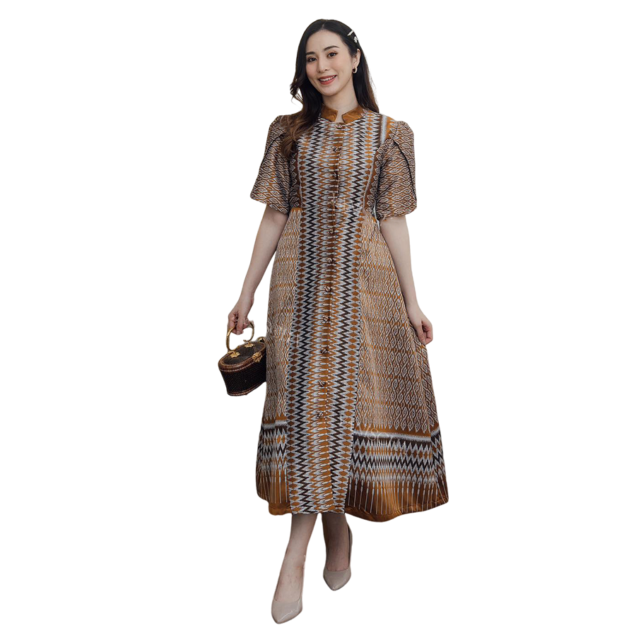 kudapy Midi dress, Thai silk, woven pattern, golden brown, Chinese collar, pleated sleeves, side slit, front slit, front buttons that can be unbuttoned, with a bow tied at the back, as per the model: Inspired by LnwShop.com