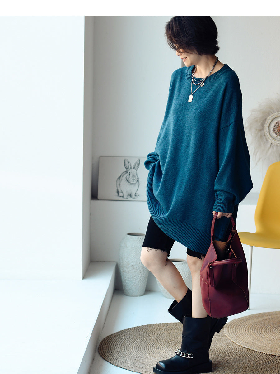 Loose And Lazy Round Neck Mid Length Sweater For Women