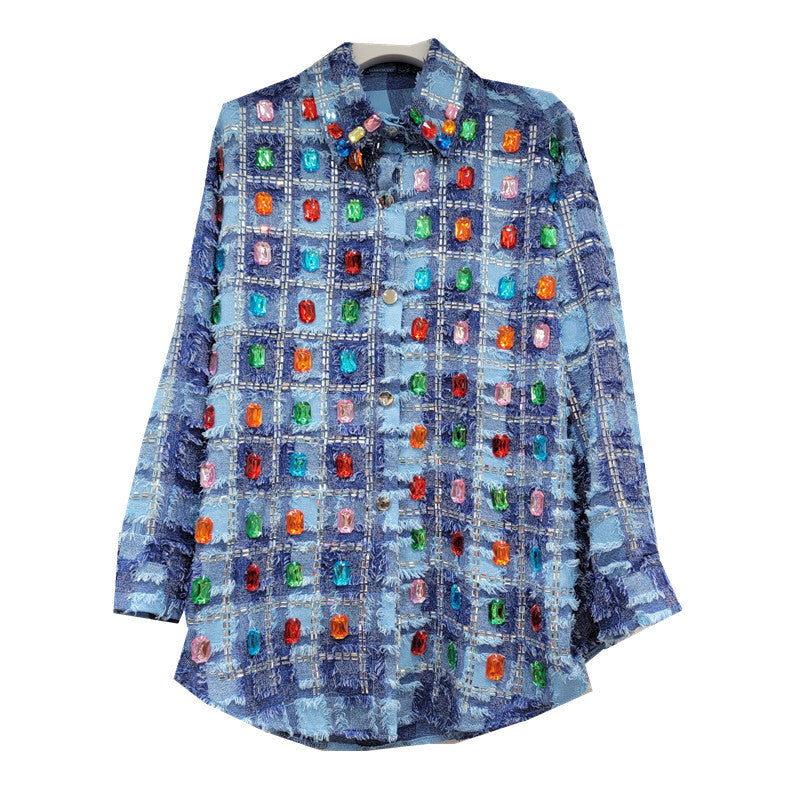 Chessboard Plaid Blue Plaid Shirt Women's Design Sense Niche