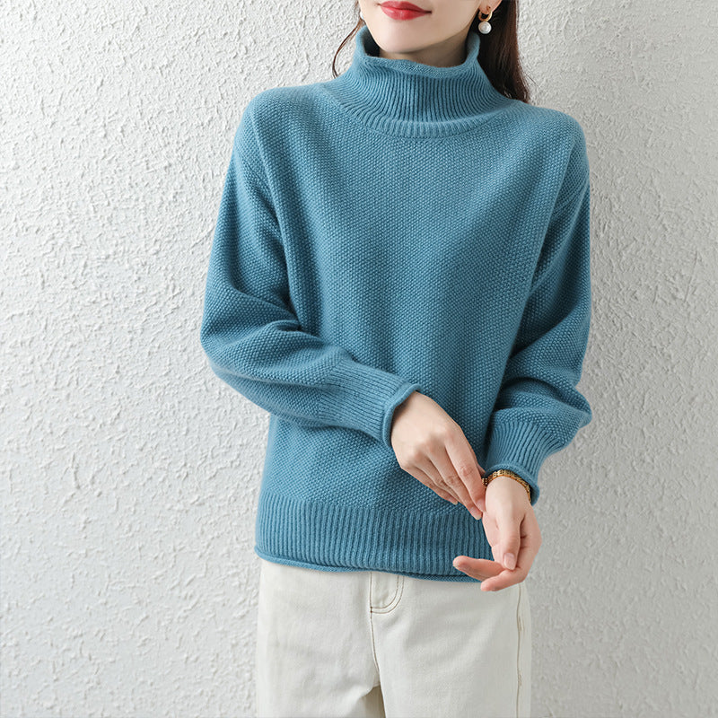 All Wool Pineapple Stitch Sweater Loose Padded High Neck Long Sleeve Pullover Sweater