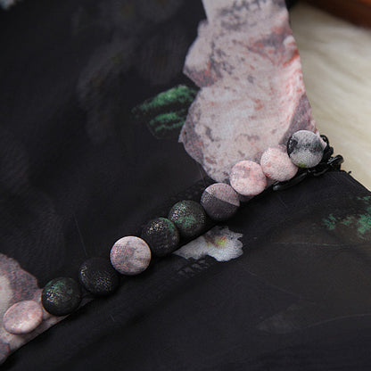 Women's New Puff Sleeve V-neck Waist-controlled Large Hem Chiffon Printed Dress
