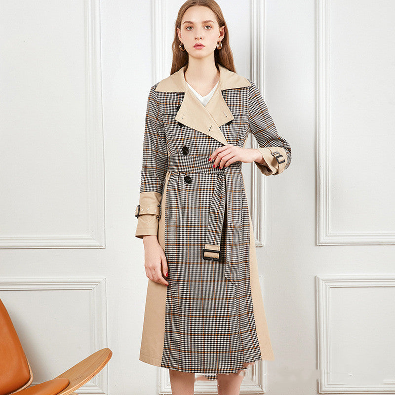 Checked stitching lace-up waist long trench coat