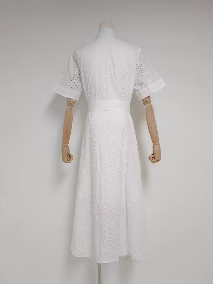Summer Embroidered Hollow Out Tied Waist-controlled White Dress