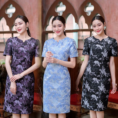 kudapy MIni Dress, Short Sleeves, Soft Fabric, 3D Flower Pattern, Flower Tone in 1 Flower, Gradient Color Pattern to 3 Shades