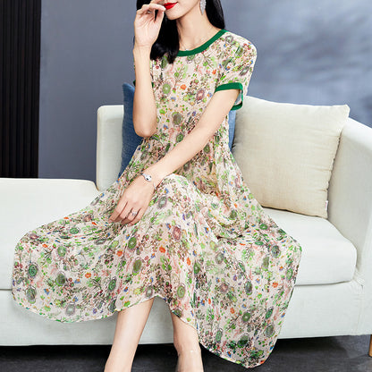 Green Round Mouth Printed Long Dress