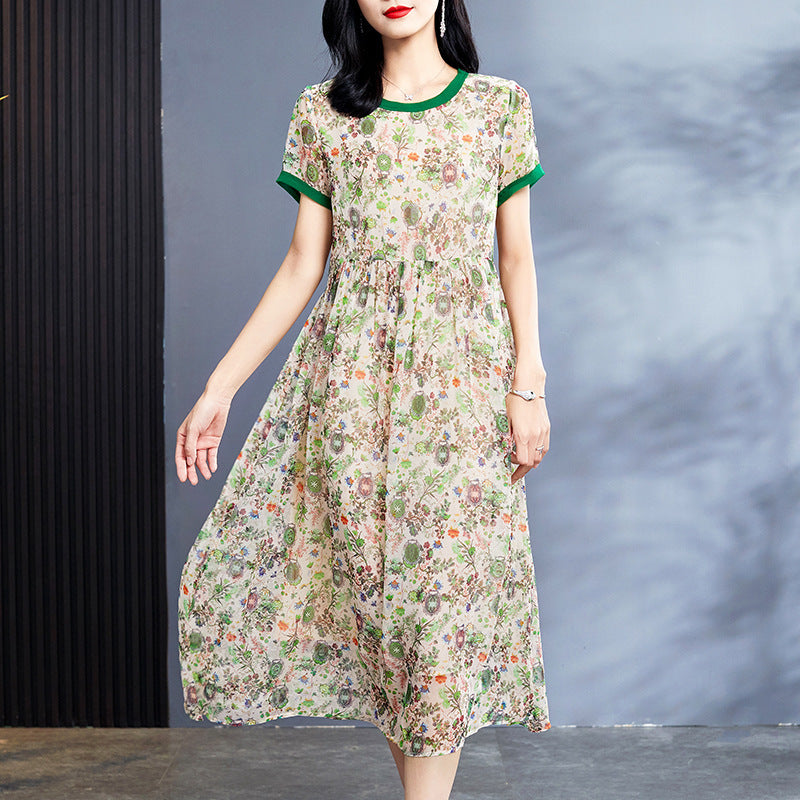 Green Round Mouth Printed Long Dress