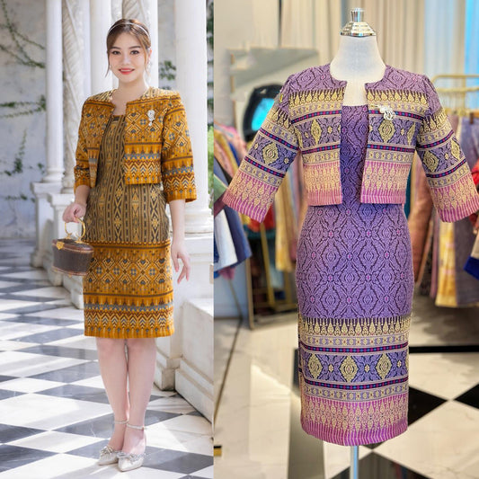 Kudapy gold/purple Set long sleeve shirt + sleeveless dress.