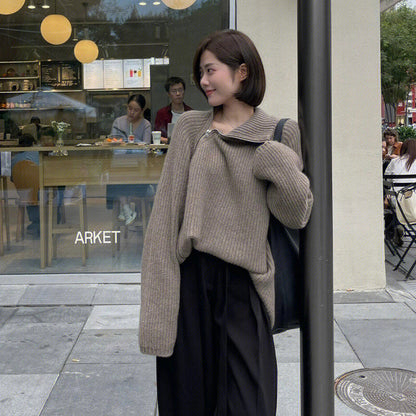 Black Side Zipper Knitted Cardigan Thickened Loose Camel Sweater