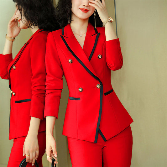 Two-piece Women's Thin Double-breasted Suit With Split Wide-leg Pants