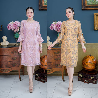 kudapy Mini dress, lace fabric, round neck, five-quarter length sleeves, ruffled sleeves, bow decoration on both sides.