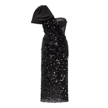 Women's One-shoulder Bow Sequined Sheath Dress